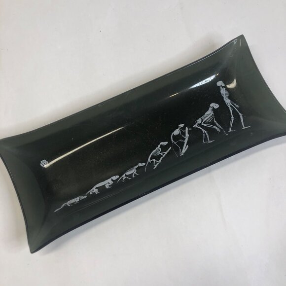 Vintage 60's Skeleton Lizard Man Evolution 9.25" x‎ 3.75" Smoked Art Glass Tray - Picture 1 of 8